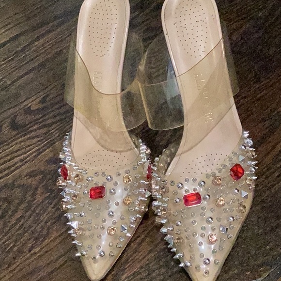 Azalea Wang Shoes - Embellished Nude Pointed-Toe Heels with Clear Strap